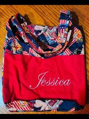 Personalized Red Canvas Tote with Navy Patterned Trim